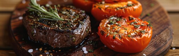 Bife grelhado com tomate e alecrim em placa de madeira tiro panorâmico Banner