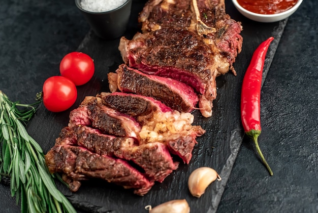 Bife grelhado de caubói em fundo de pedra