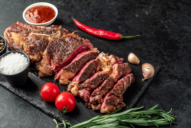 Bife grelhado de caubói em fundo de pedra