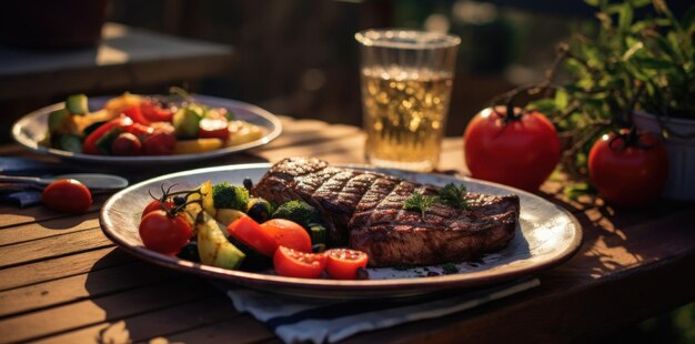 Bife grelhado e salada fresca na mesa ao ar livre