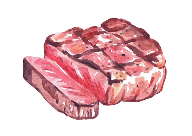 Bife grelhado. Ilustração desenhada à mão em aquarela, isolada no fundo branco