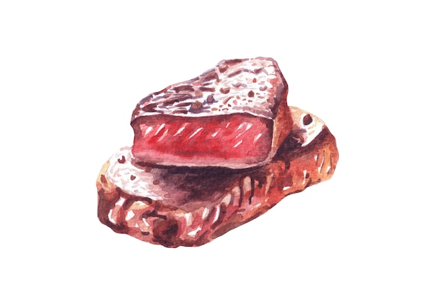 Bife grelhado. Ilustração desenhada à mão em aquarela, isolada no fundo branco