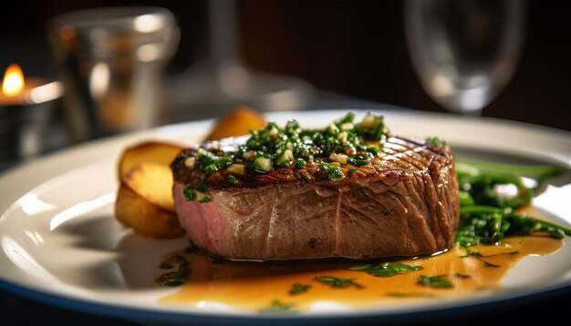 Bife grelhado, legumes frescos e vinho criam uma refeição gourmet gerada por inteligência artificial