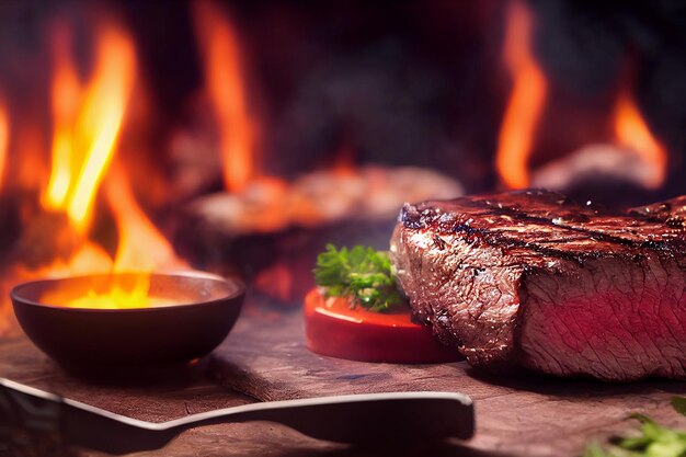 Bife grelhado médio raro no fogo ilustração 3D de foco seletivo