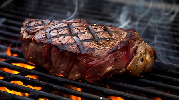 Bife grelhado no churrasco fogo quente generativo ai