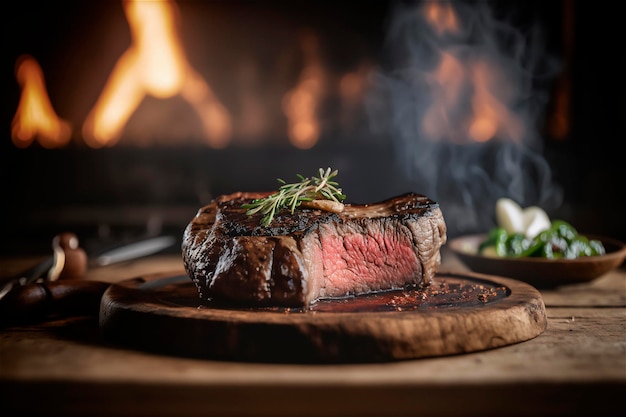 Bife grelhado suculento com ervas e especiarias na placa de corte rústica churrasco ai gerado