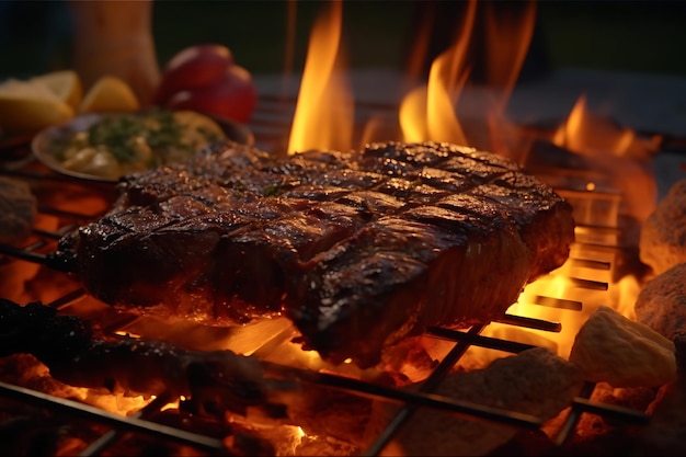 Bife grelhado suculento cozido raro sobre o fogo gerado