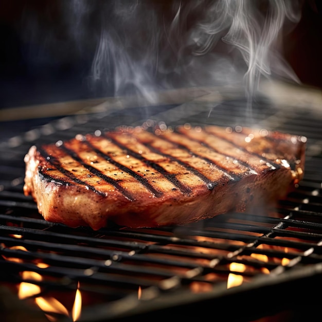 Foto bife na grelha com chamas e closeup de fumaça