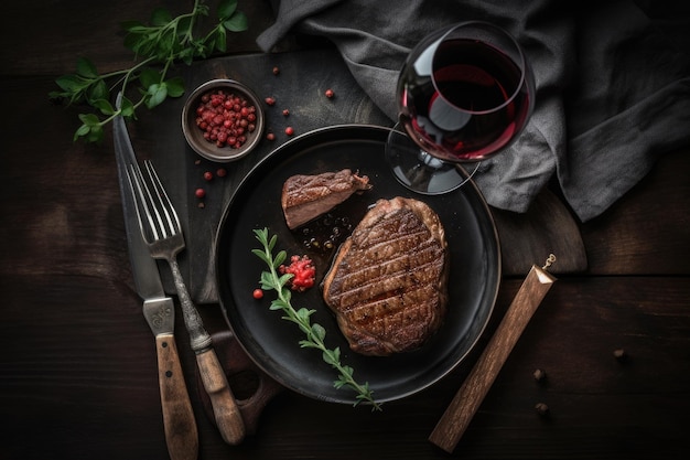 Bife na mesa com copo de vinho tinto