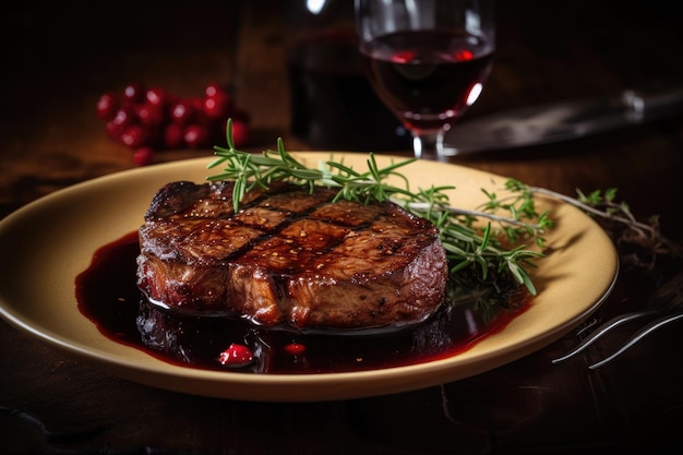 Bife no prato com vinho tinto