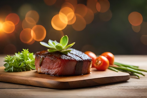 bife numa tábua de cortar com vegetais e um fundo desfocado