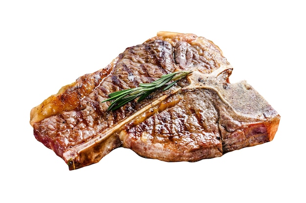 Bife Porterhouse grelhado em uma tábua Carne de bovino cozida Isolada no fundo branco