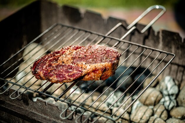 Bife quente picante grelhado em um churrasco de verão sobre as brasas guarnecidas. cozinhar alimentos. fechar-se