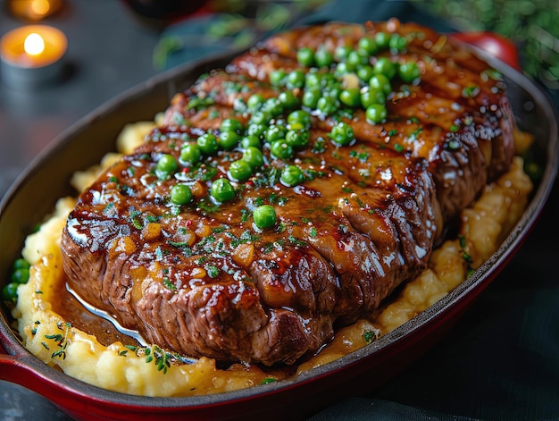 Bife suculento com molho de ervilha e puré de batatas