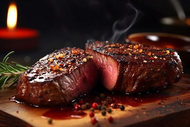 Foto bife suculento de carne bovina média rara com especiarias em prancha de madeira na mesa