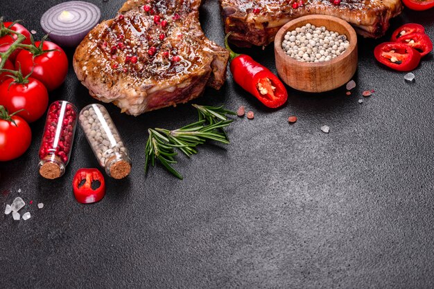 Bife suculento delicioso fresco nos ossos com legumes e especiarias. Grelha de bife suculento de porco na mesa escura