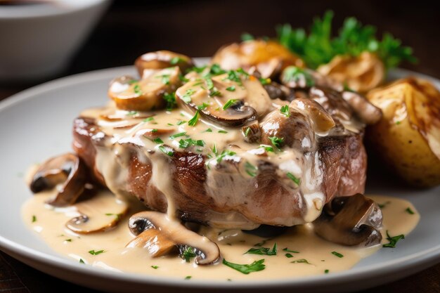 Bife suculento envolto em molho cremoso de cogumelos e coberto com batatas assadas