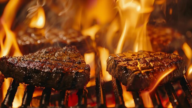 Foto bifes a cozinhar no churrasco em meio às chamas ia generativa