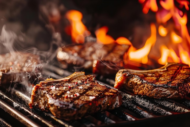 Foto bifes a cozinhar no churrasco em meio às chamas ia generativa