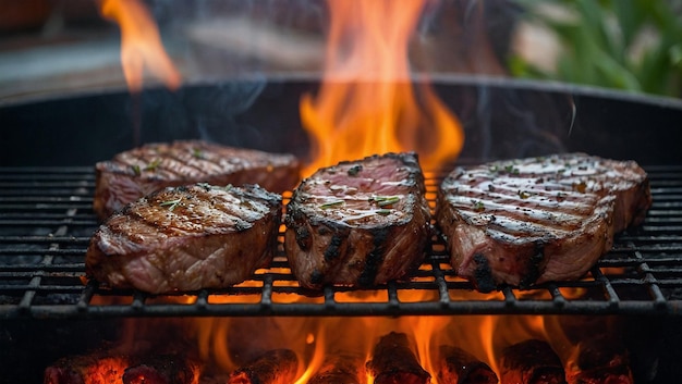 Foto bifes cocinando en una parrilla con llamas saliendo del fondo