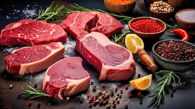 Bifes crus em fila com especiarias carne crua alternativa com ingredientes para cozinhar vista elevada de bifes de carne crua e IA generativa