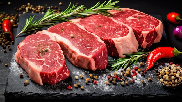 Bifes crus em fila com especiarias carne crua alternativa com ingredientes para cozinhar vista elevada de bifes de carne crua e IA generativa