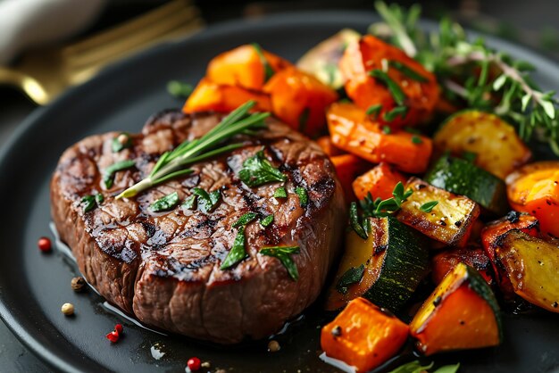 Bifes de carne com batatas assadas na tábua de madeira closeup