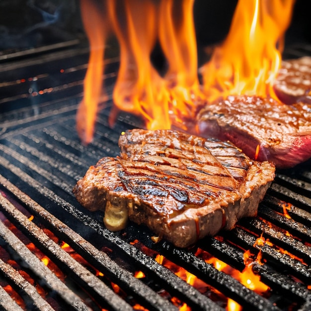 Bifes de carne cozidos demais em chamas na grelha 45623