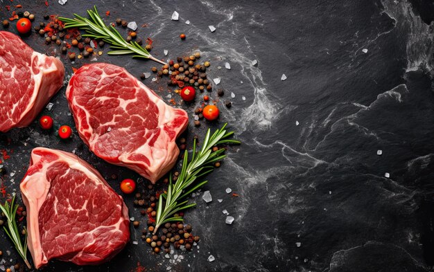 Foto bifes de carne crua com especiarias sobre um fundo de pedra preta