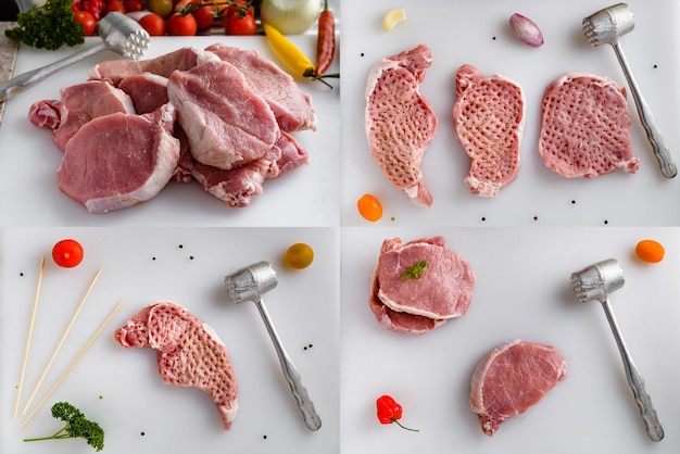 Bifes de carne de porco crua na mesa da cozinha Colagem de fotos do cenário