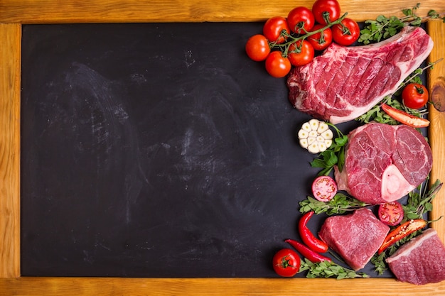 Bifes de carne suculenta crua em um fundo de quadro de giz preto com moldura de madeira.