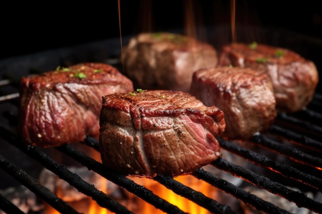 Bifes de carne temperados no espeto girando lentamente sobre uma grelha a carvão quente