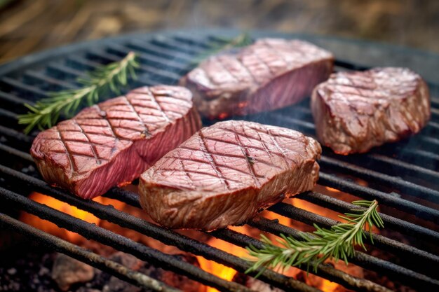 Bifes de rena com marcas de grelha no churrasco criados com IA generativa