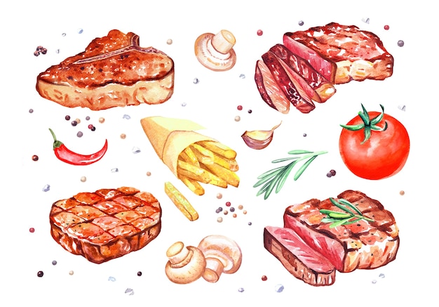 Bifes grelhados em aquarela com cogumelos champignon, pimenta, tomate, alecrim, batatas fritas. Ilustração desenhada mão isolada no branco.