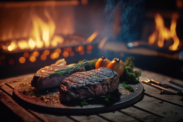 Bifes grelhados em uma grelha de churrasco com chamas fecham a geração AI