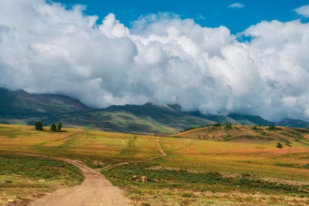 Bifurcación de un camino de tierra a través de una meseta montañosa. Camino a la distancia, camino sobre la colina hacia el cielo. Camino de tierra por el campo. Campo con camino de tierra.