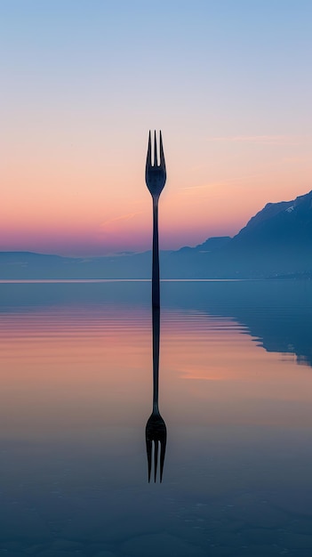 La bifurcación de Vevey de pie alto en el lago un tributo peculiar a las artes culinarias reflejado en las aguas tranquilas al amanecer