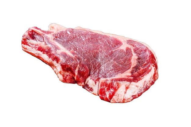 Bifurco de vaquero crudo o costilla en el hueso Ribeye de carne de res de mármol aislado en fondo blanco Vista superior