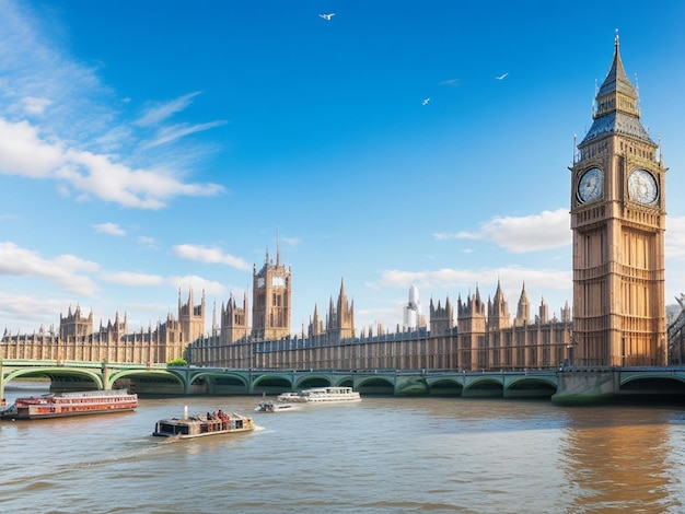 Foto big ben y las casas del parlamento con barcos en el río en londres inglaterra reino unido