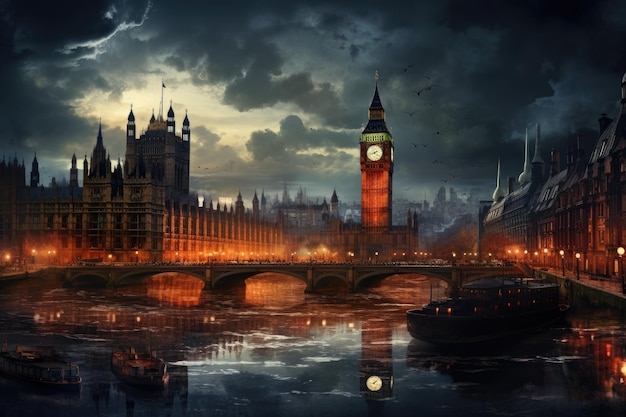 Big Ben y las Casas del Parlamento en Londres por la noche Reino Unido Ciudad de Londres generada por IA