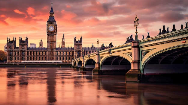 Big Ben e Westminster Bridge ao pôr do sol em Londres Reino Unido