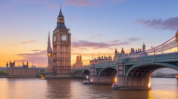 Big Ben y Westminster Bridge al atardecer Londres Reino Unido