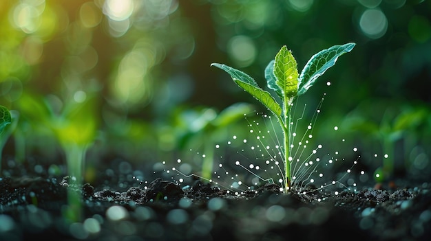 Big data Agricultura y agricultura inteligentes Innovación Un joven brote de maíz con un flujo de datos IA