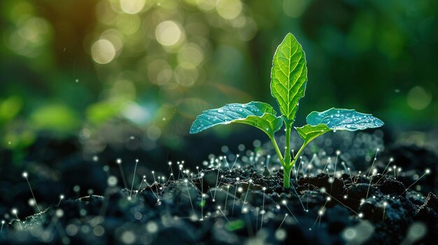 Big data Agricultura y agricultura inteligentes Innovación Un joven brote de maíz con un flujo de datos IA
