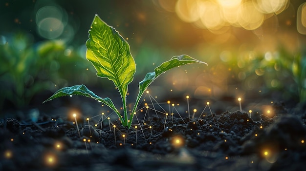 Big data agricultura inteligente y innovación agrícola un joven brote de maíz con un flujo de datos generativos