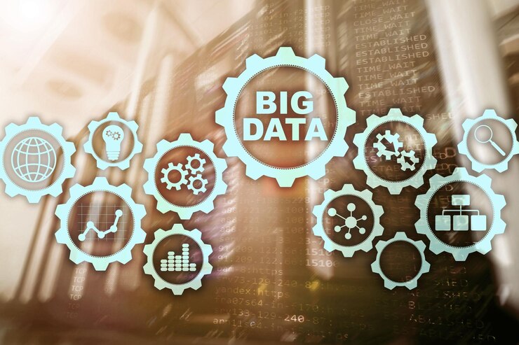 Foto big data concept de alta tecnología e innovación en negocios y producción pantalla virtual en el fondo del servidor del centro de datos