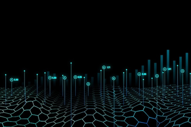 Big data y concepto de conexión de red con indicadores numéricos digitales azules brillantes sobre la onda hexagonal en la representación 3D de fondo oscuro abstracto