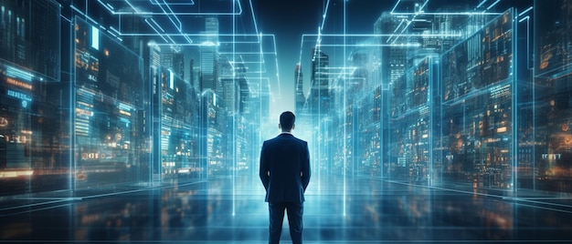 Big-Data-Digital-Konzept Ein Geschäftsmann steht vor Hologramm-Daten im Serverraum High-Tech-Konzept