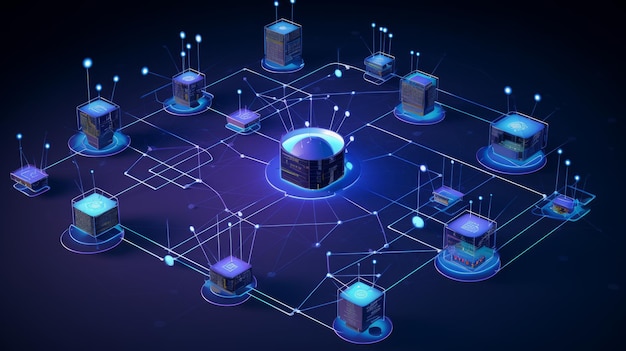 Big Data Ein futuristisches Netzwerkdiagramm, das Zugangspunkte zum Server-Infosystem zeigt