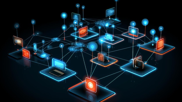 Big Data Ein futuristisches Netzwerkdiagramm, das Zugangspunkte zum Server-Infosystem zeigt